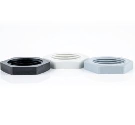 Jacob plastic hexagonal locknuts (metric) in Gray, white and black, on a white background.