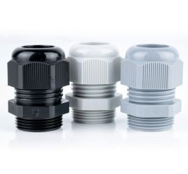 Three plastic (polyamide PA6 V-2) Jacob cable glands (metric) in Gray, white and black on a white background.