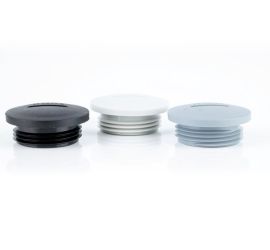Three plastic (polyamide PA6 GF30) Jacob screw plugs (metric), in Gray, white and black on a white background.