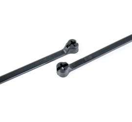 Two black UV and chemically resistant Ty-Rap® polyamide 12 cable ties on a white background.