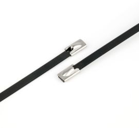 Two coated, stainless steel AISI 304 cable ties, on a white background.