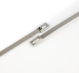 Two stainless steel cable ties, made of AISI 316L steel, uncoated, on a white background.