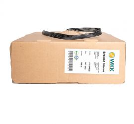 A braided sleeving box with a piece of braided sleeve coming out of the box' opening. In front of white background.