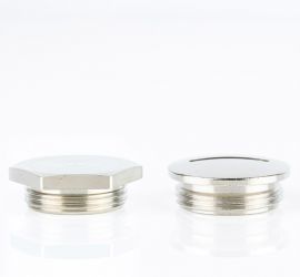 Two brass Jacob screw plugs, one hexagonal and one round, with metric thread, on a white background.
