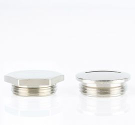 Two brass Jacob screw plugs, one hexagonal and one round, with metric thread, on a white background.
