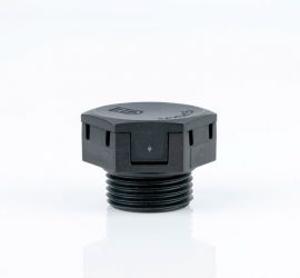 A black Jacob plastic venting element, with metric thread, on a white background.