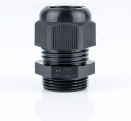A black Jacob plastic Ex cable gland, with metric thread, on a white background.