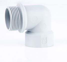 A light Gray Jacob plastic cable gland, elbow 90°, with metric thread, on a white background.