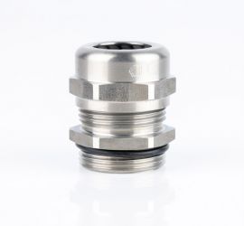 A silver stainless steel Jacob cable gland, with metric thread, on a white background.