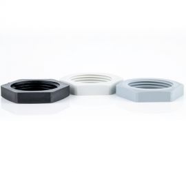 Jacob plastic hexagonal locknuts (metric) in Gray, white and black, on a white background.
