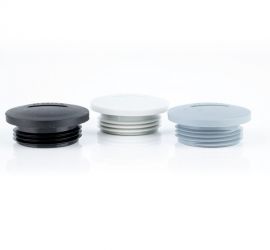 Three plastic (polyamide PA6 GF30) Jacob screw plugs, in Gray, white and black on a white background.