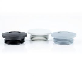 Three plastic (polyamide PA6 GF30) Jacob screw plugs (metric), in Gray, white and black on a white background.
