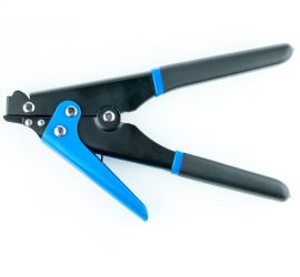 A black/blue cable tie installation tool, suitable for cable ties with a width between 3.6 millimeters and 9.5 millimeters, on a white background.