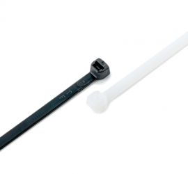 A natural colored and a black Ty-Fast® cable tie on a white background.