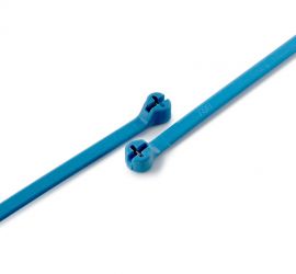 Two blue metal detectable Ty-Rap® plastic cable ties with metal pigments.