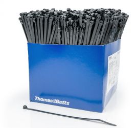 Een blauwe werkbankbox, gevuld met zwart gekleurde Ty-Rap® kunststof kabelbinders, op een witte achtergrond.