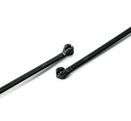 A black, UV-resistant, Ty-Rap® polypropylene cable tie on a white background.