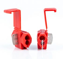 Two red quick splice connectors, one pictured from the side and one pictured from the back, on a white background.