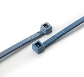 Two blue metal detectable cable ties on a white background.