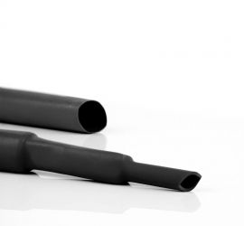 Two black H-2F(4X) thin-wall polyolefin heat shrink tubes next to each other, one in the original size, and one shrunk to two different sizes.