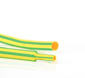 Two yellow-green H-2F(Y/G) thin-wall polyolefin heat shrink tubes, one in the original size, and one with the end part shrinked.