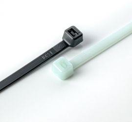 A black and a natural colored heat-resistant cable tie on a white background.