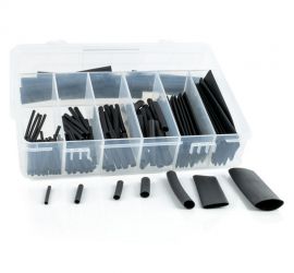 An opened, transparent assortmentbox containing 127 pieces of black H-2(Z) thin-wall heat shrink tubing.