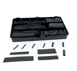An opened, black assortmentbox containing 465 pieces of black H-2(Z) thin-wall heat shrink tubing.