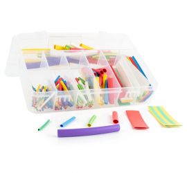 An opened, transparent assortmentbox containing 127 pieces of colored H-2(Z) thin-wall heat shrink tubing.