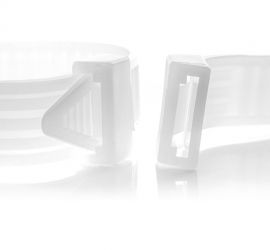 Two natural colored plastic air conditioner tube cable ties, one closed and one loose, of which the head of the cable tie has been enlarged.