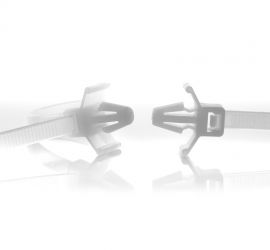 Two natural colored plastic push mount cable ties, type 1. One is pictured from the front, one is pictured from the side.