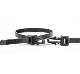 Two black plastic push mount cable ties, type 2. One is closed, and of one the head of the cable tie has been enlarged.