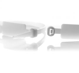 Two natural colored plastic marker cable ties, with the label vertically on the cable tie. One of the cable ties is closed.