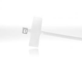 A natural colored plastic marker cable tie, with the label below the head of the cable tie, on a white background.
