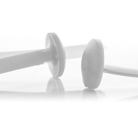 Two natural colored plastic button head cable ties (for use on a chassis), pictured from the side, of which one is closed.