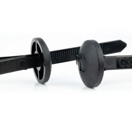Two black plastic button head cable ties (for use on a chassis), pictured from the side, of which one is closed.