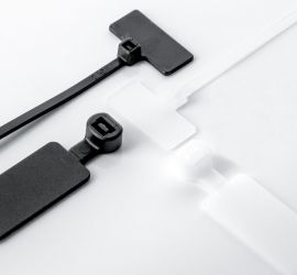 Two natural colored and two black marker cable ties, in multiple versions, on a white background.