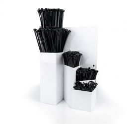 A filled storage rack for cable ties, pictured from the front, on a white background.