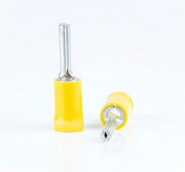 Two yellow insulated pin terminals, without sleeve, one standing upright and one lying down, on a white background.