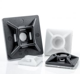 Two black and two white self adhesive cable tie mounts, in two sizes, on a white background.