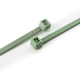Two green polypropylene cable ties on a white background.