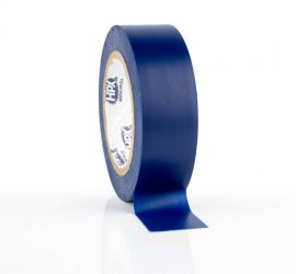 A roll of blue PVC tape, 10 meters, with a part of it rolled off and attached to the surface, on a white background.