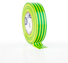 Een rol geel/groene PVC tape, 10 meter, met een stukje uitgerold en op het oppervlak geplakt, op een witte achtergrond.