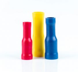 A red, a yellow and a blue insulated bullet disconnector, female, without sleeve, standing upright on a white background.