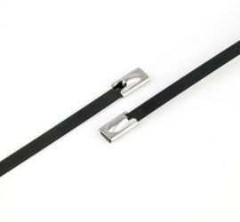 Two coated, stainless steel AISI 304 cable ties, on a white background.