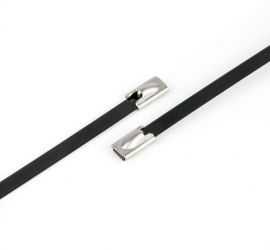 Two coated, stainless steel AISI 316L cable ties, on a white background.