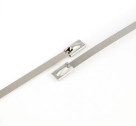 Two stainless steel cable ties, made of AISI 304 steel, uncoated, on a white background.
