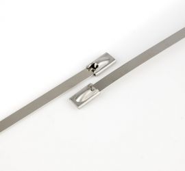Two stainless steel cable ties, made of AISI 316L steel, uncoated, on a white background.