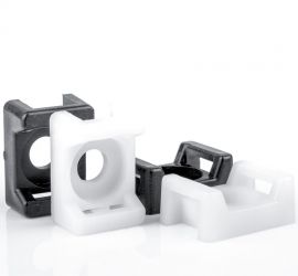 Two black and two white saddle tie mounts for cable ties, on a white background.